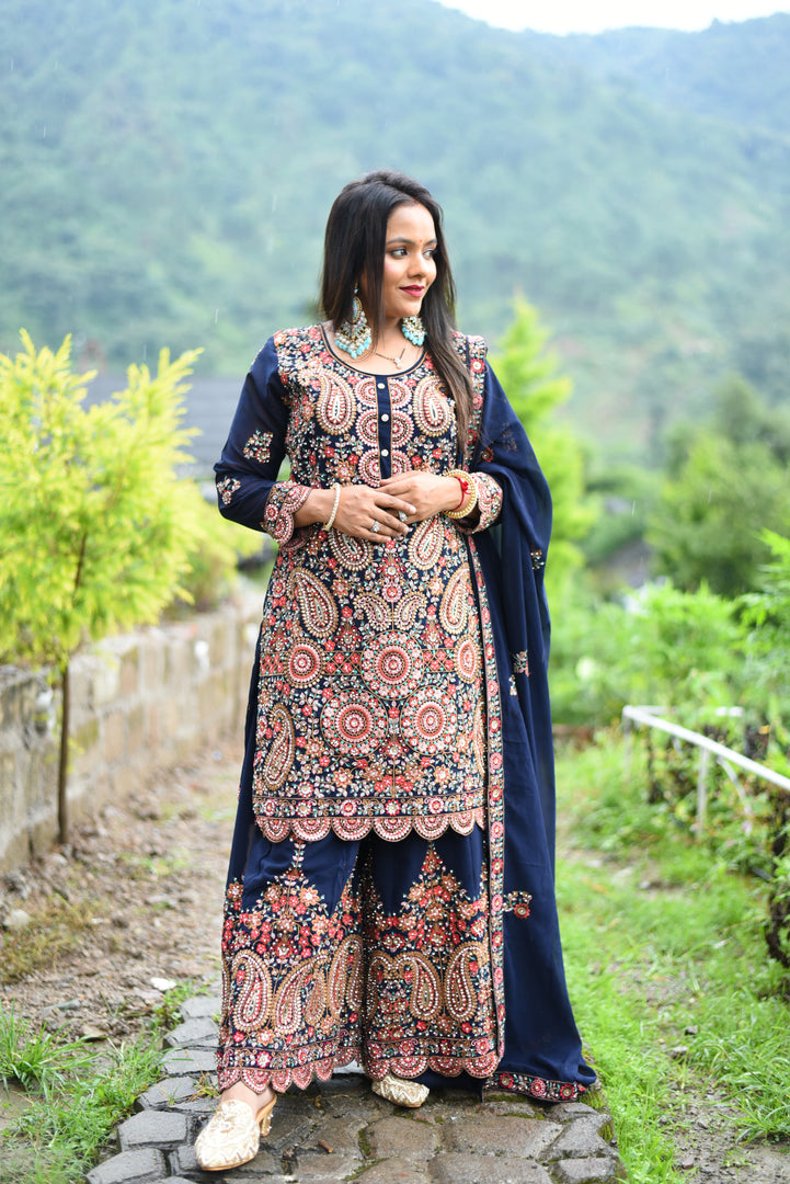 Dark Blue Heavy Dhori Work Georgette Fabric Original Stone Sharara