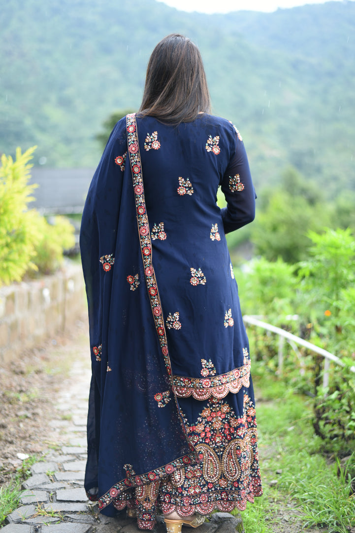 Dark Blue Heavy Dhori Work Georgette Fabric Original Stone Sharara