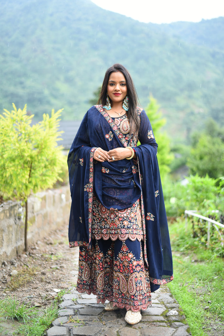 Dark Blue Heavy Dhori Work Georgette Fabric Original Stone Sharara