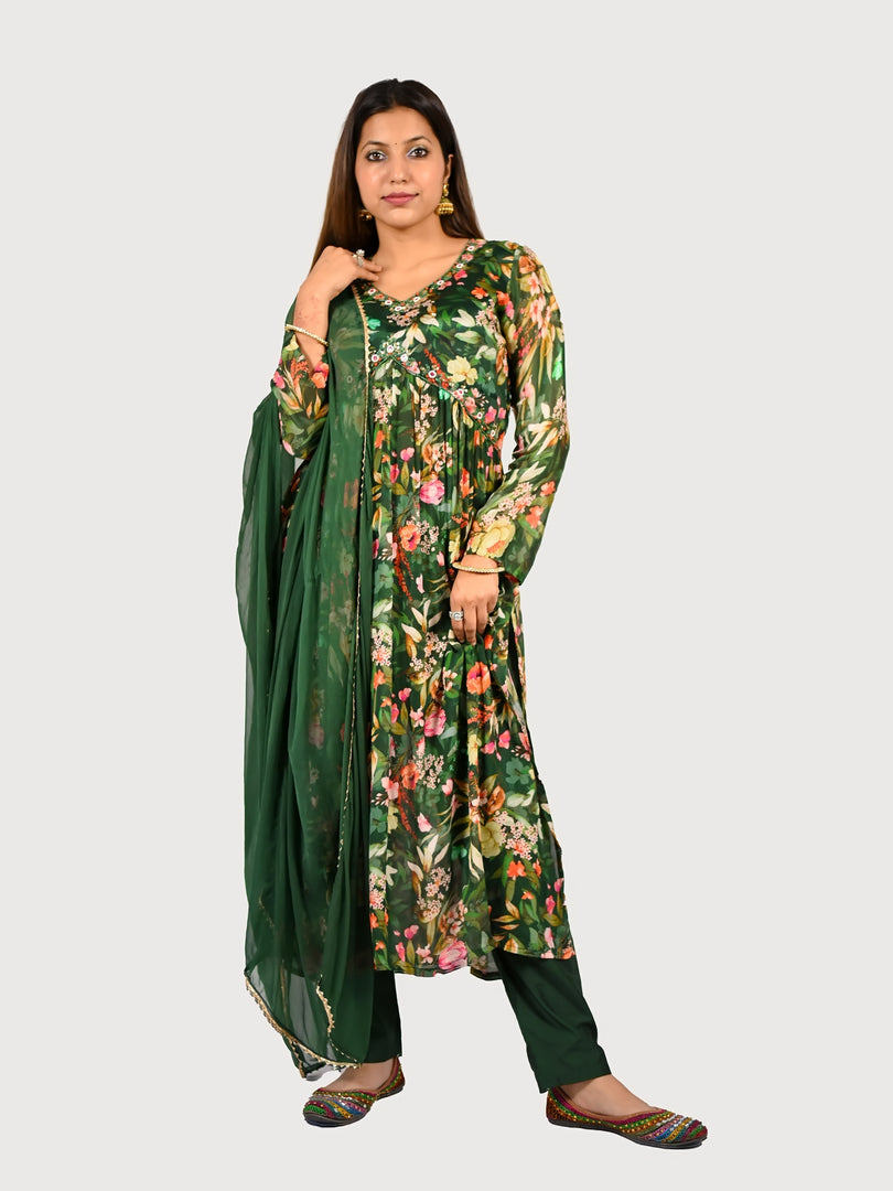 Aliya cut Dark Green suit in Chinon fabric with Chiffon Dupatta