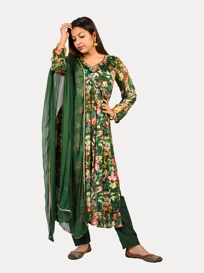 Aliya cut Dark Green suit in Chinon fabric with Chiffon Dupatta