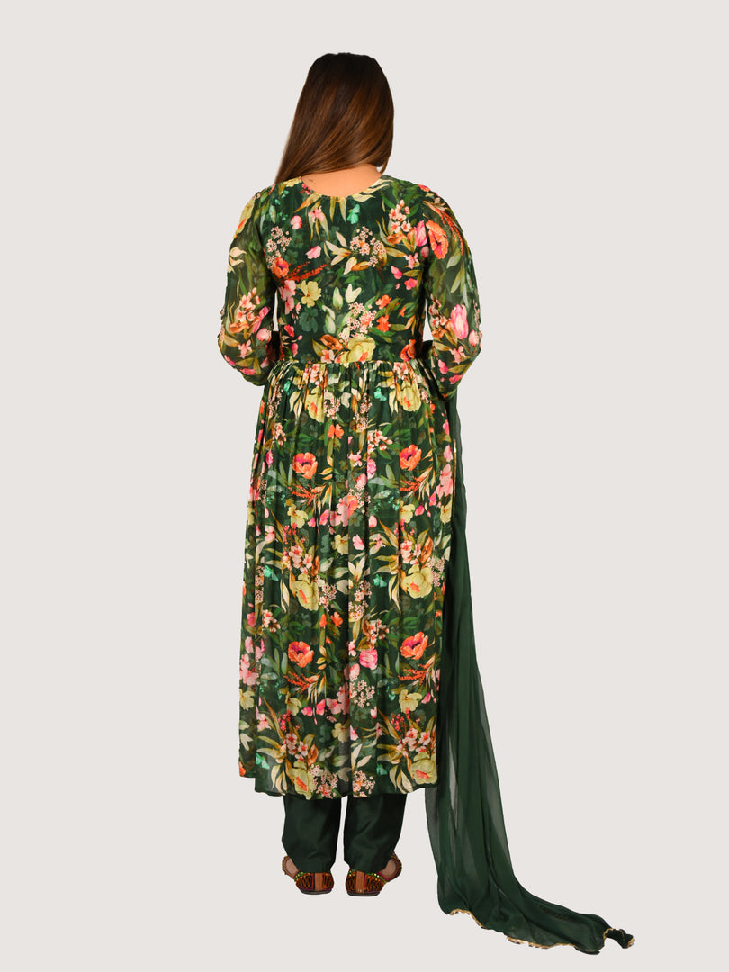 Aliya cut Dark Green suit in Chinon fabric with Chiffon Dupatta