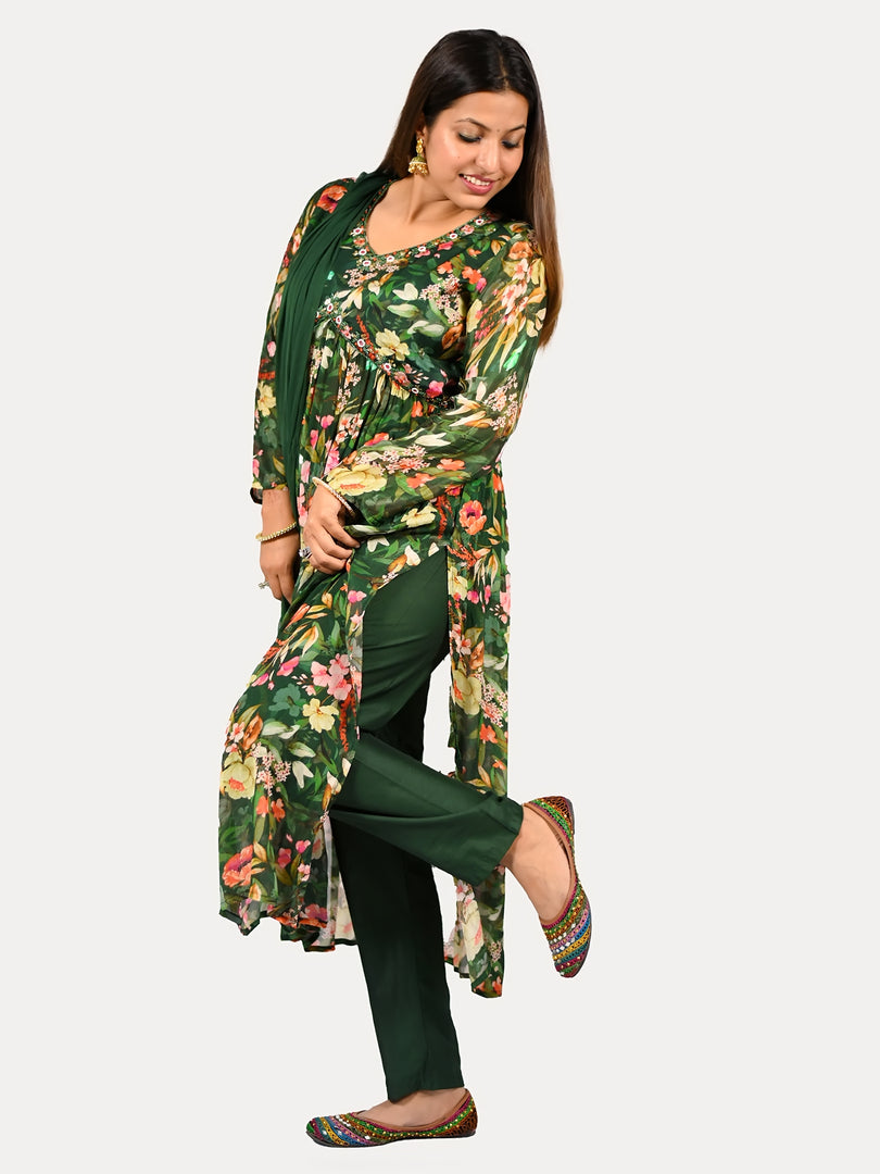 Aliya cut Dark Green suit in Chinon fabric with Chiffon Dupatta