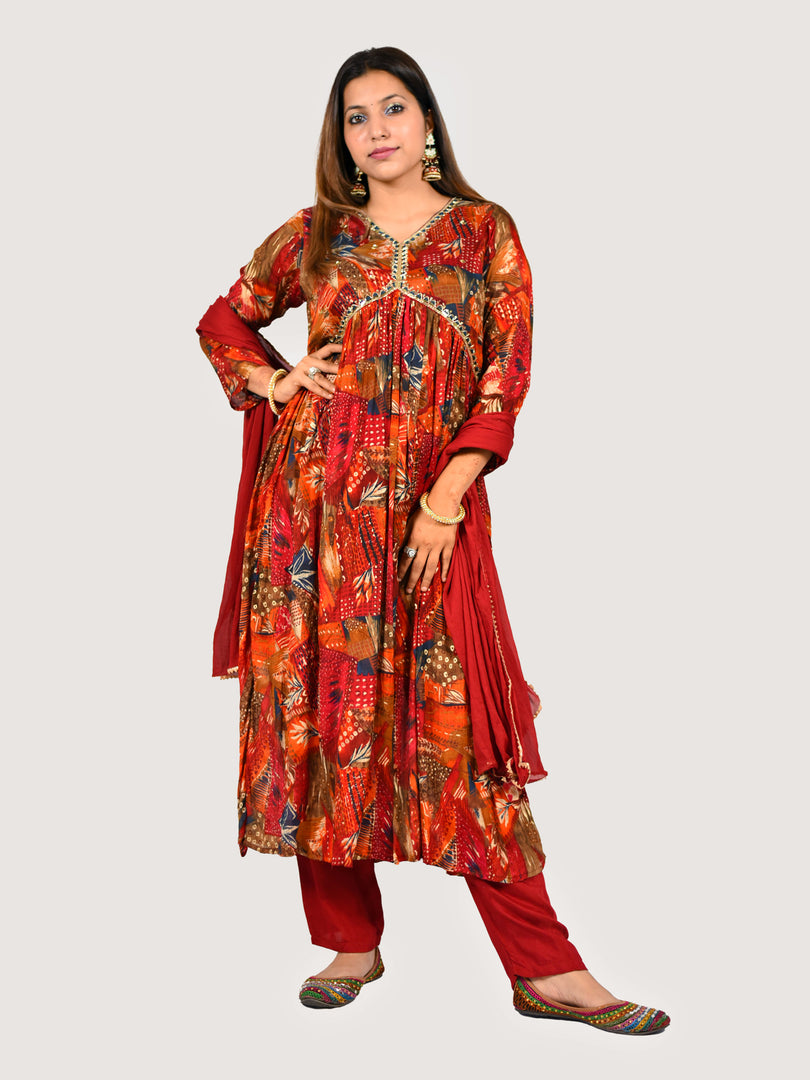 Aliya Cut Red Suit in Chinon Fabric With Chiffon Dupatta