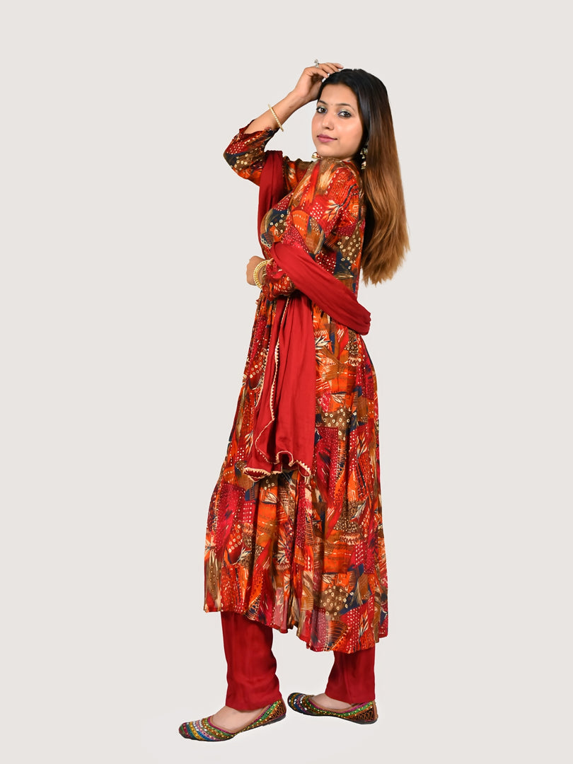 Aliya Cut Red Suit in Chinon Fabric With Chiffon Dupatta