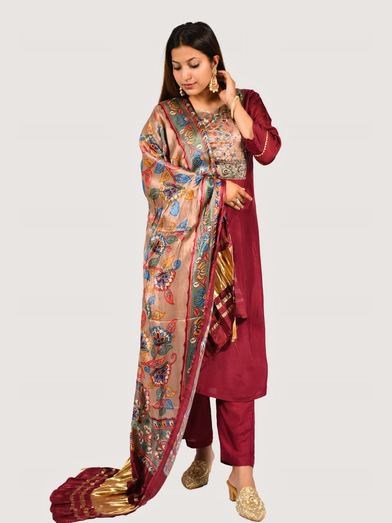 Maroon Pure Dola Silk With Gajji Patch And Pittan Work And Pure Gajji Silk Dupatta