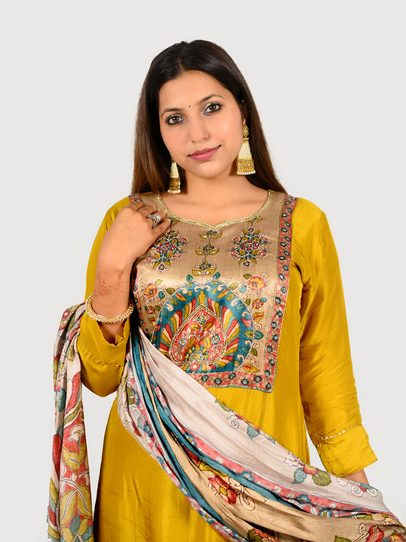 Mustard Pure Dola Silk With Gajji Patch And Pittan Work And Pure Gajji Silk Dupatta