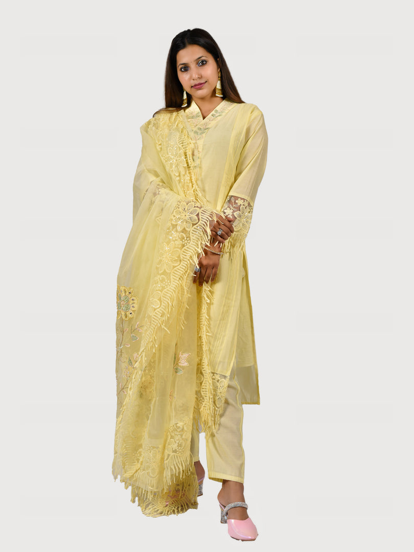 Maheshwari Silk Suit With Organza Dupatta & Bottom Silk