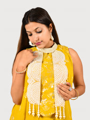 Yellow Sequin Work Crop Top Sharara Dress With Neckline Type Drape Attachment In Yellow
