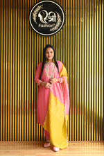 Load image into Gallery viewer, Pink and Yellow Tissue Shimmer Suit With Dupatta
