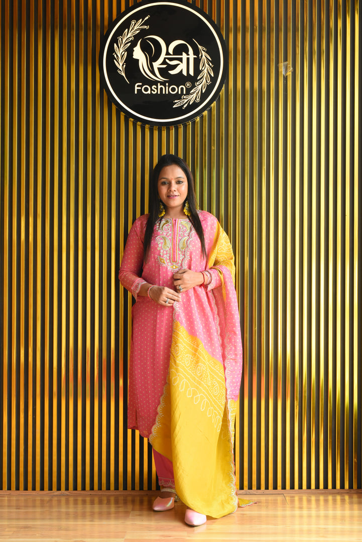 Pink and Yellow Tissue Shimmer Suit With Dupatta