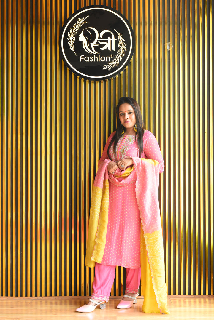 Pink and Yellow Tissue Shimmer Suit With Dupatta