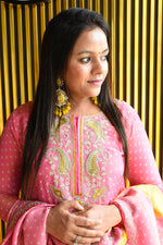 Load image into Gallery viewer, Pink and Yellow Tissue Shimmer Suit With Dupatta
