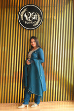 Load image into Gallery viewer, Peacock Blue Tissue Shimmer Suit With Dupatta
