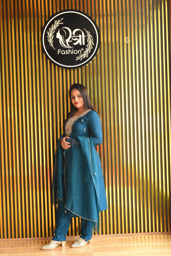 Peacock Blue Tissue Shimmer Suit With Dupatta