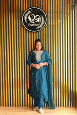 Load image into Gallery viewer, Peacock Blue Tissue Shimmer Suit With Dupatta
