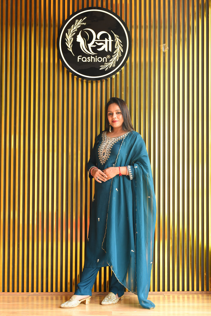 Peacock Blue Tissue Shimmer Suit With Dupatta