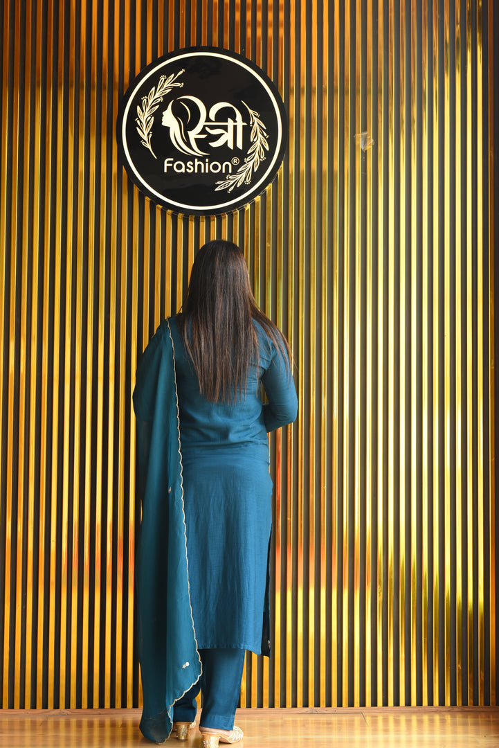 Peacock Blue Tissue Shimmer Suit With Dupatta