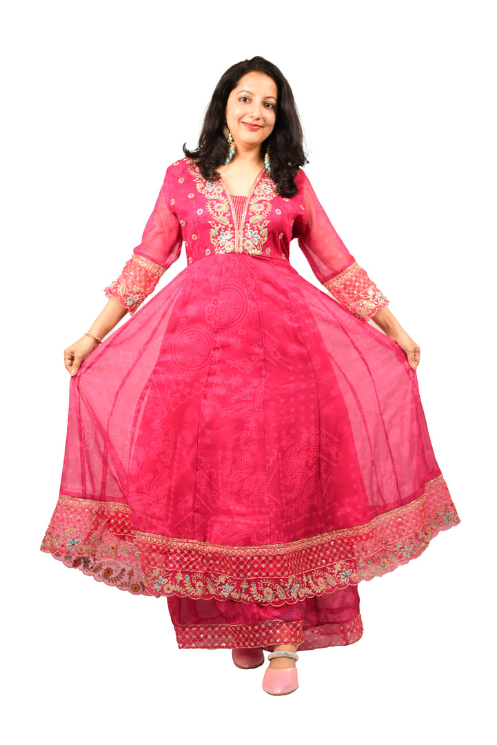 Pink Embroidered Georgette Frock Suit With Dupatta