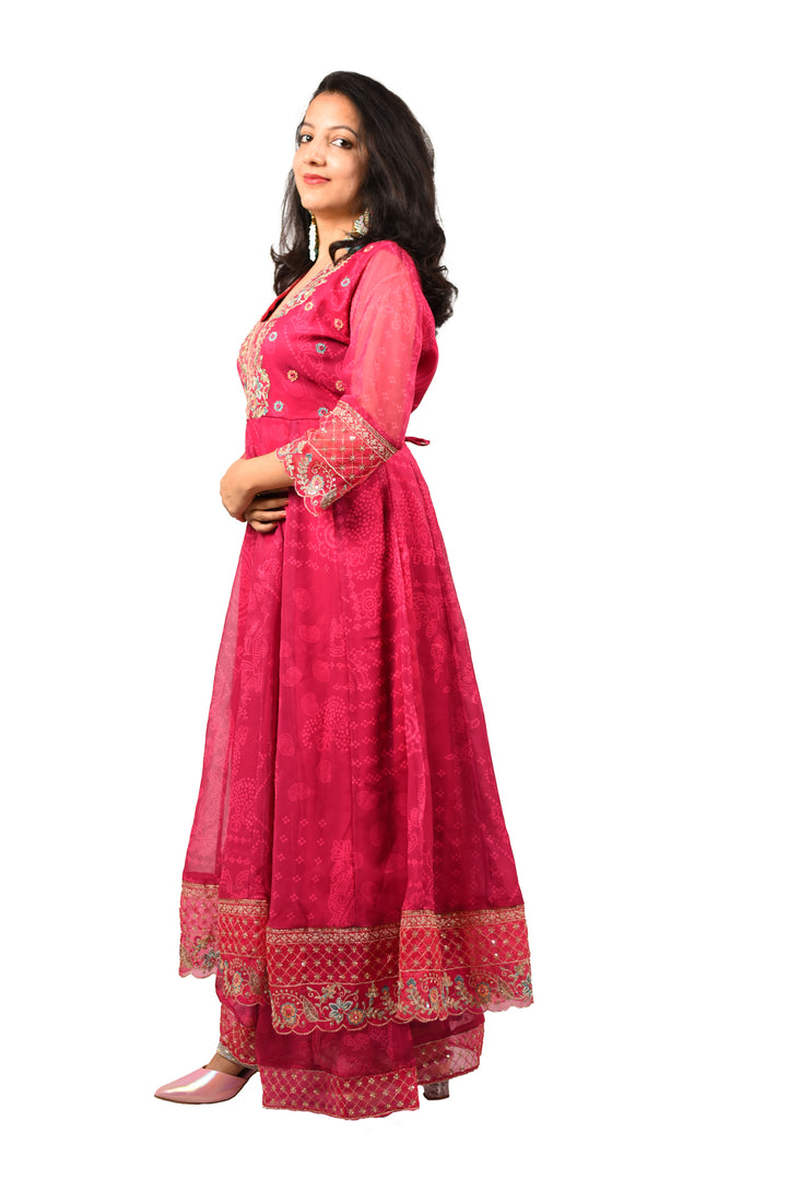 Pink Embroidered Georgette Frock Suit With Dupatta