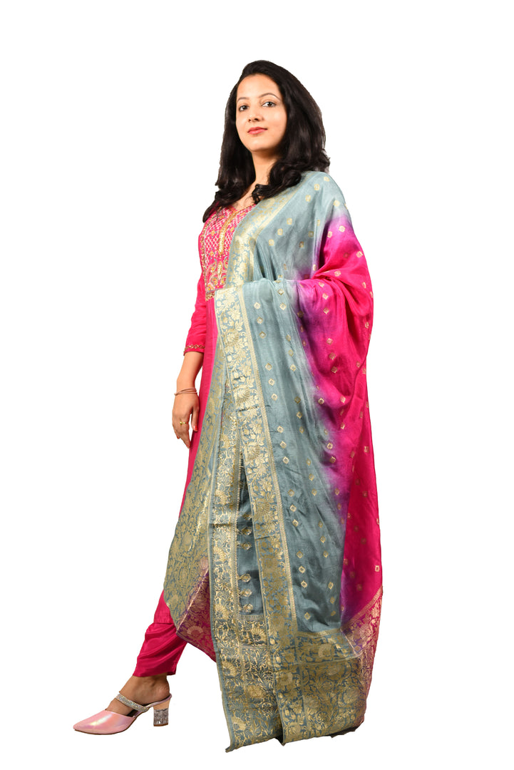 Pink Silk Fabric Embroidered suit with Banarasi Dupatta