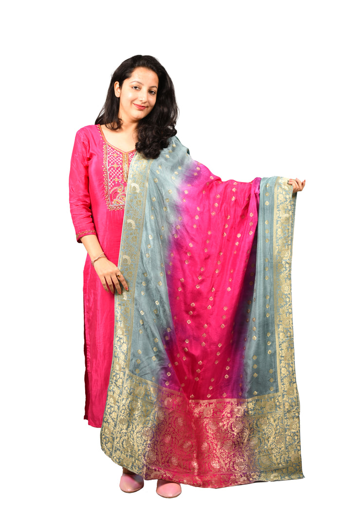 Pink Silk Fabric Embroidered suit with Banarasi Dupatta