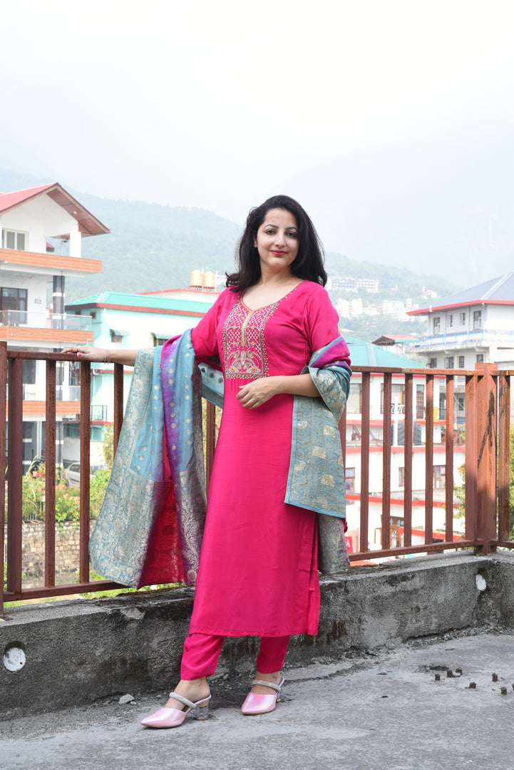 Pink Silk Fabric Embroidered suit with Banarasi Dupatta