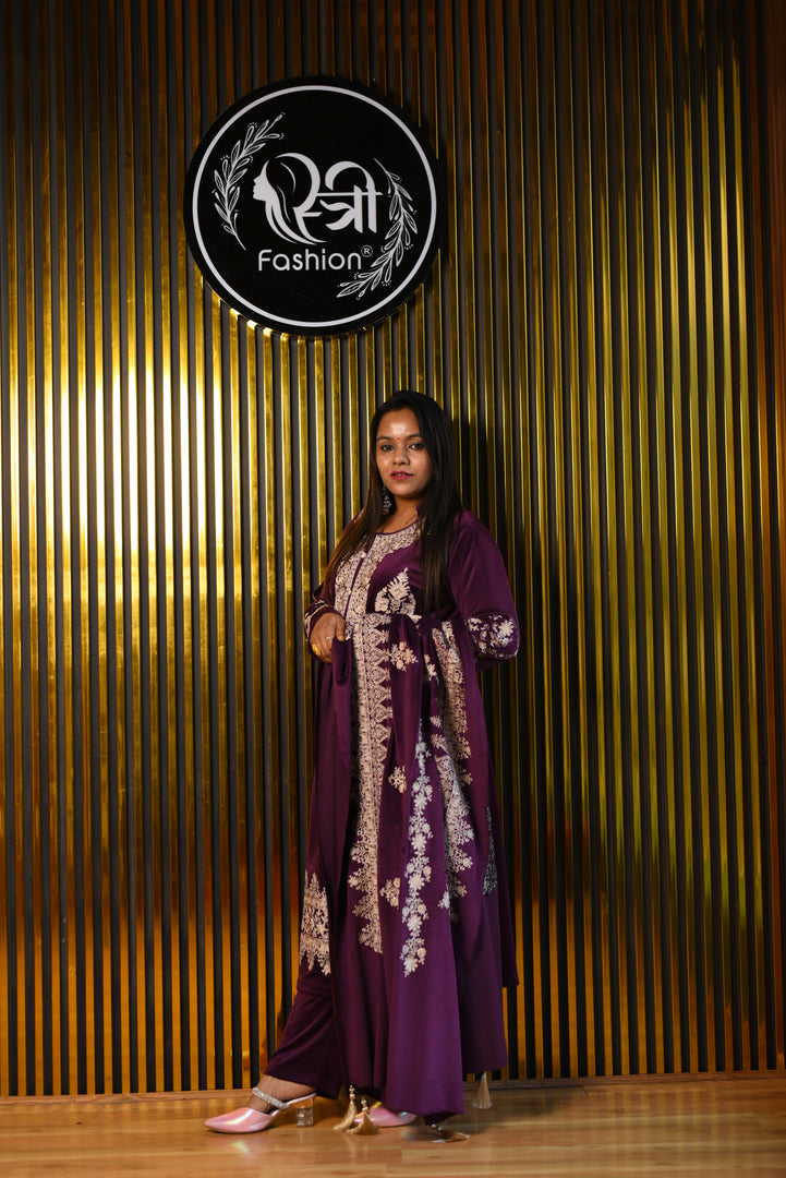 Purple Soft Premium Velvet Zari Work Suit