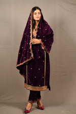 Load image into Gallery viewer, Wine Soft Premium Velvet Zari Work Suit
