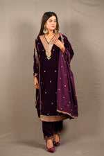 Load image into Gallery viewer, Wine Soft Premium Velvet Zari Work Suit
