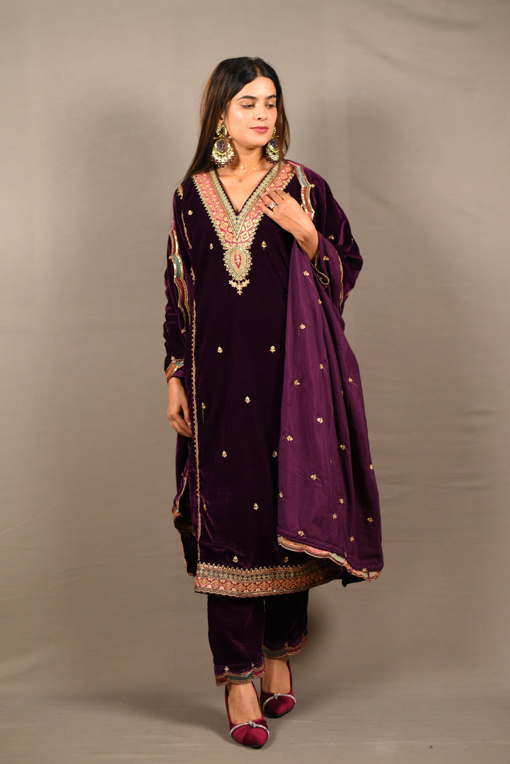 Wine Soft Premium Velvet Zari Work Suit