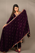 Load image into Gallery viewer, Wine Soft Premium Velvet Zari Work Suit
