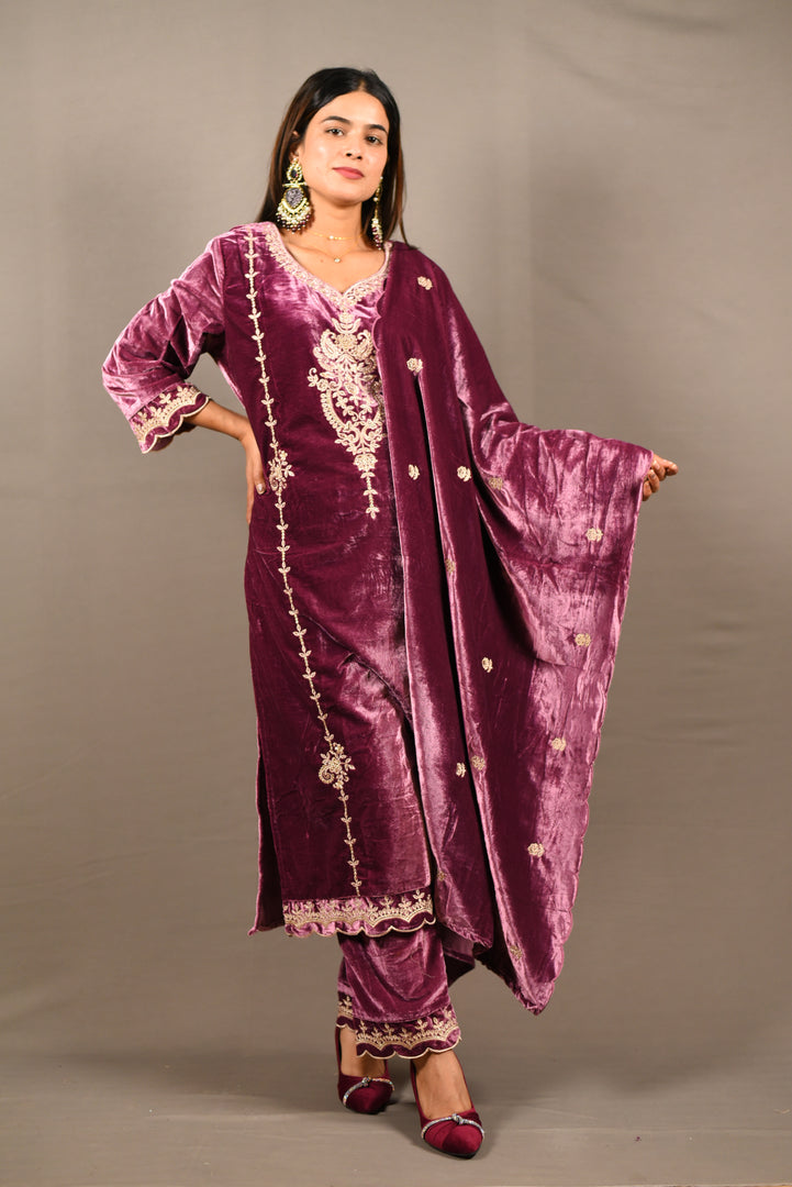 Pink Soft Premium Velvet Zari Work Suit