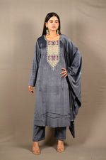 Load image into Gallery viewer, Grey Soft Premium Velvet Zari Work Suit
