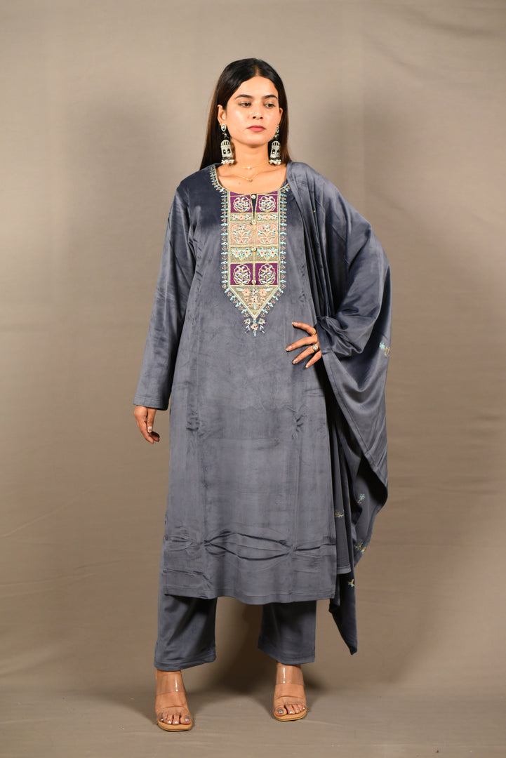 Grey Soft Premium Velvet Zari Work Suit