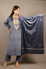 Load image into Gallery viewer, Grey Soft Premium Velvet Zari Work Suit
