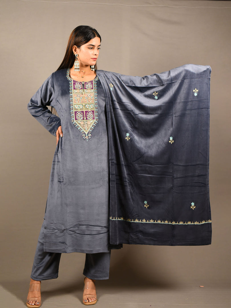Grey Soft Premium Velvet Zari Work Suit