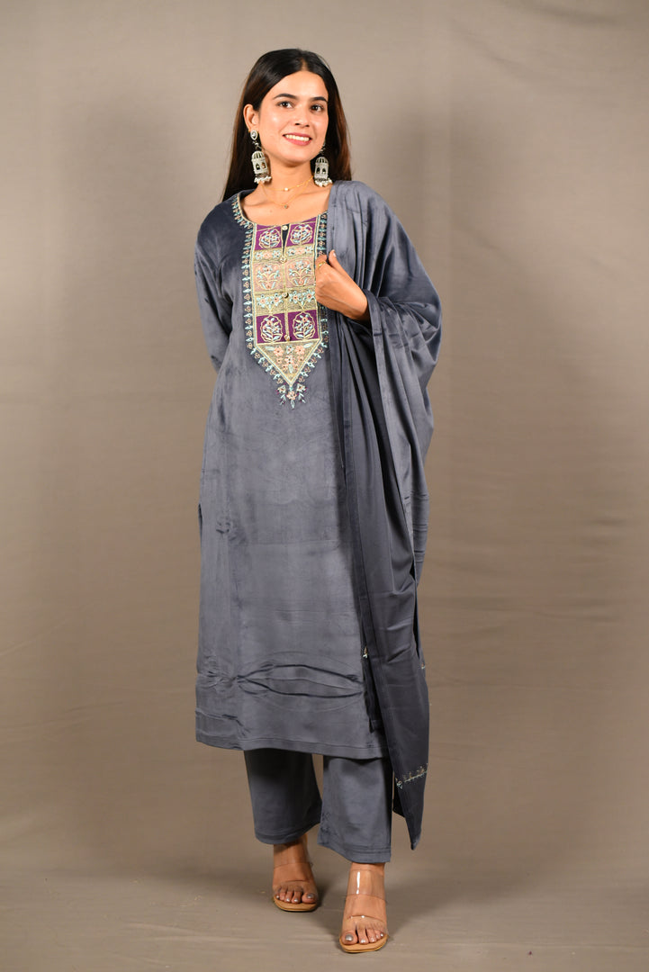 Grey Soft Premium Velvet Zari Work Suit