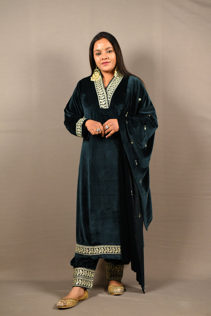 Dark Green Soft Premium Velvet Zari Work Suit