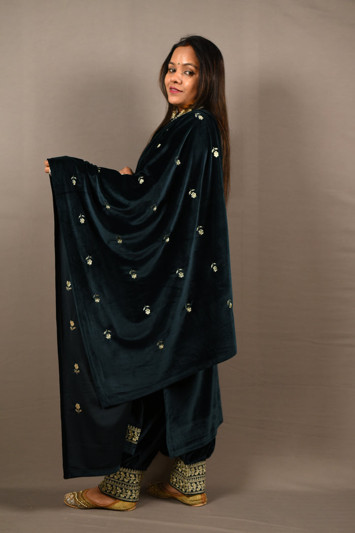 Dark Green Soft Premium Velvet Zari Work Suit