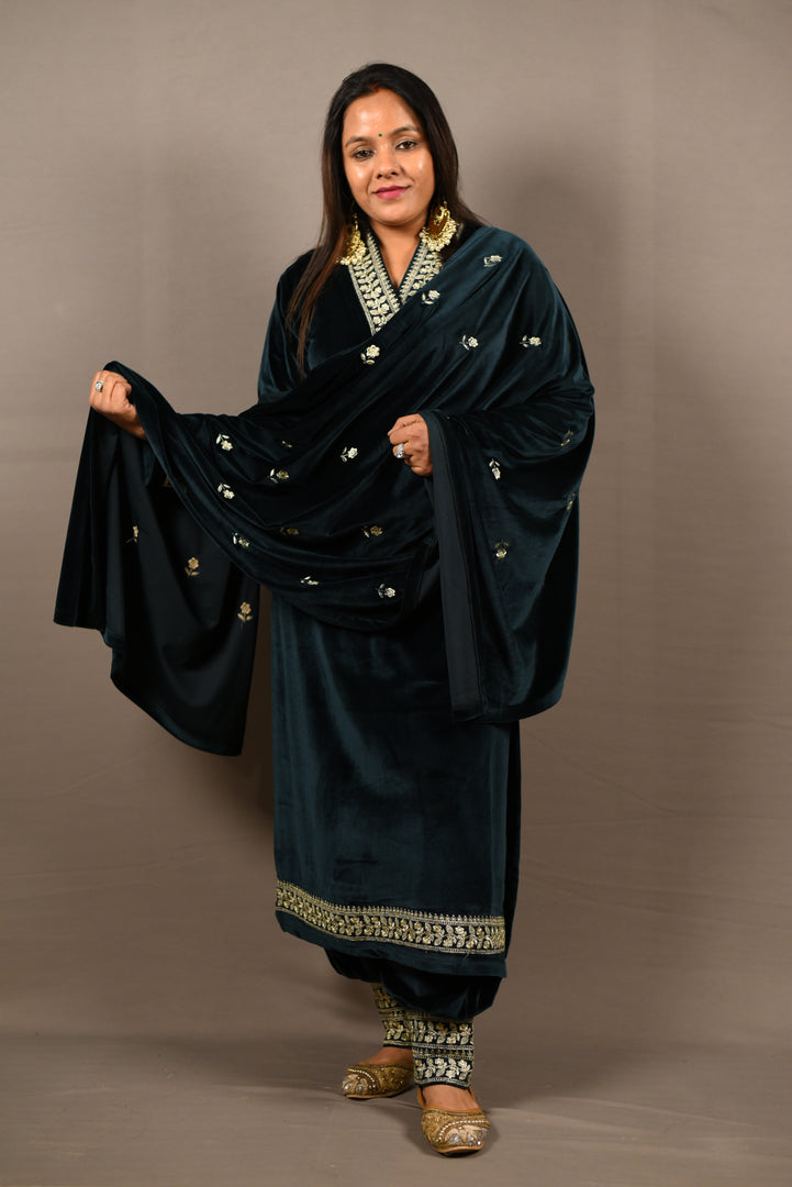 Dark Green Soft Premium Velvet Zari Work Suit