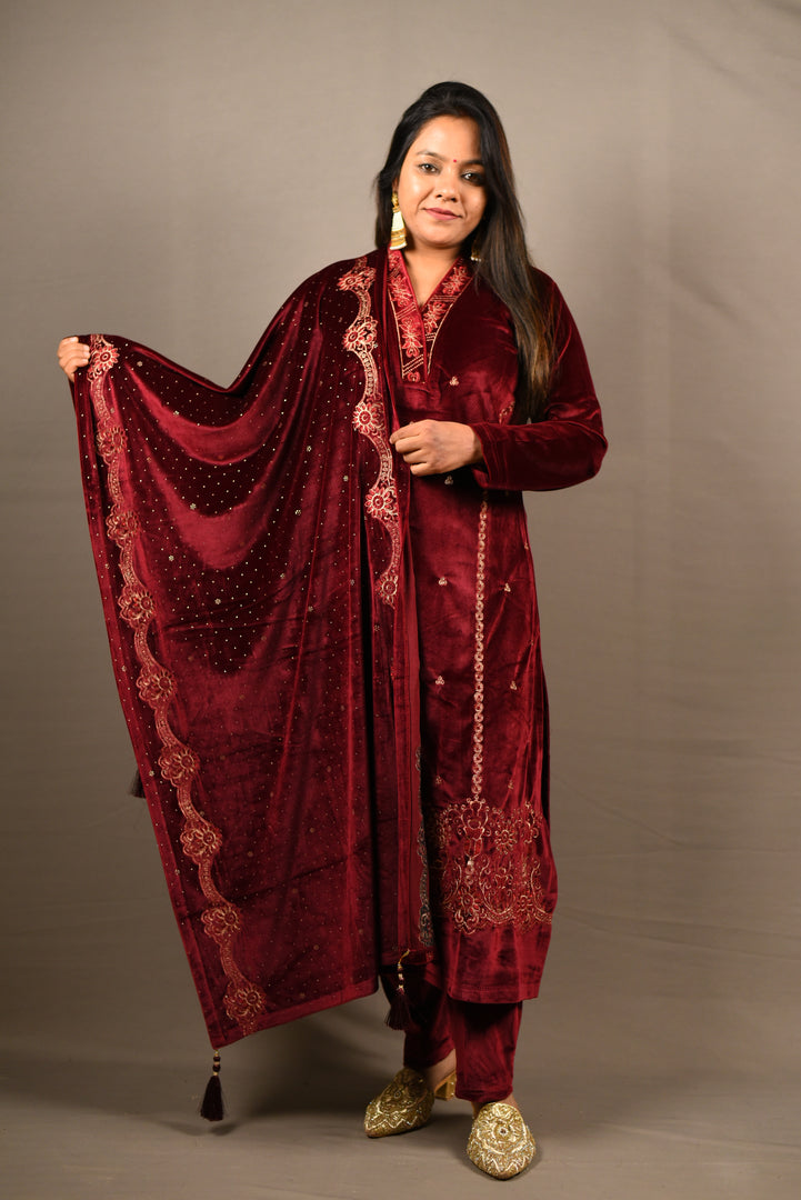 Maroon Soft Premium Velvet Floral Embroidered Suit