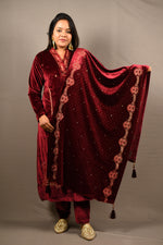 Load image into Gallery viewer, Maroon Soft Premium Velvet Floral Embroidered Suit
