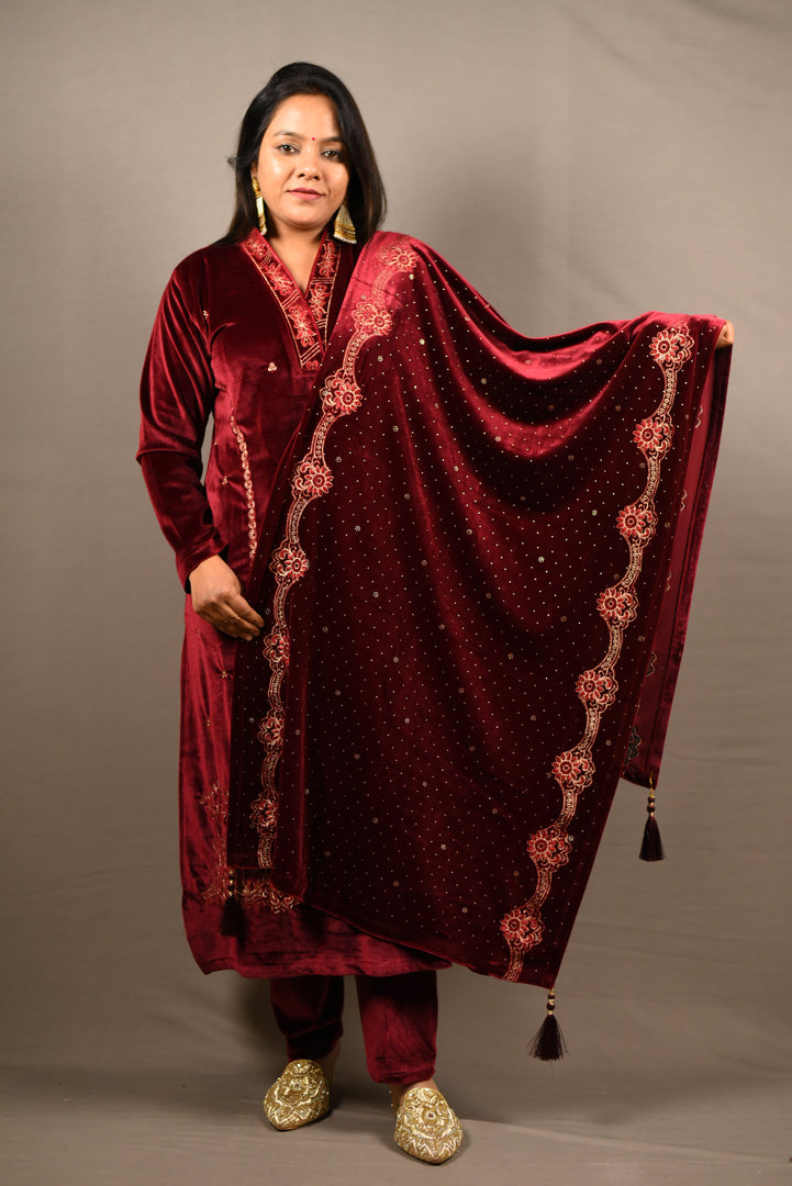 Maroon Soft Premium Velvet Floral Embroidered Suit