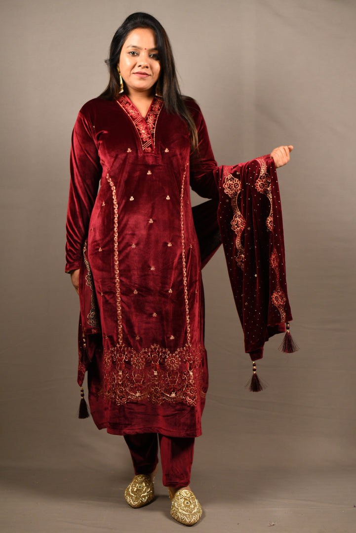 Maroon Soft Premium Velvet Floral Embroidered Suit