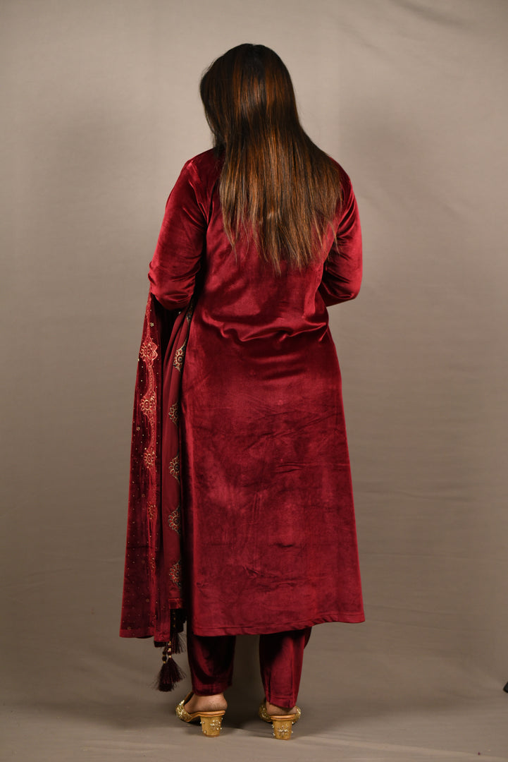 Maroon Soft Premium Velvet Floral Embroidered Suit