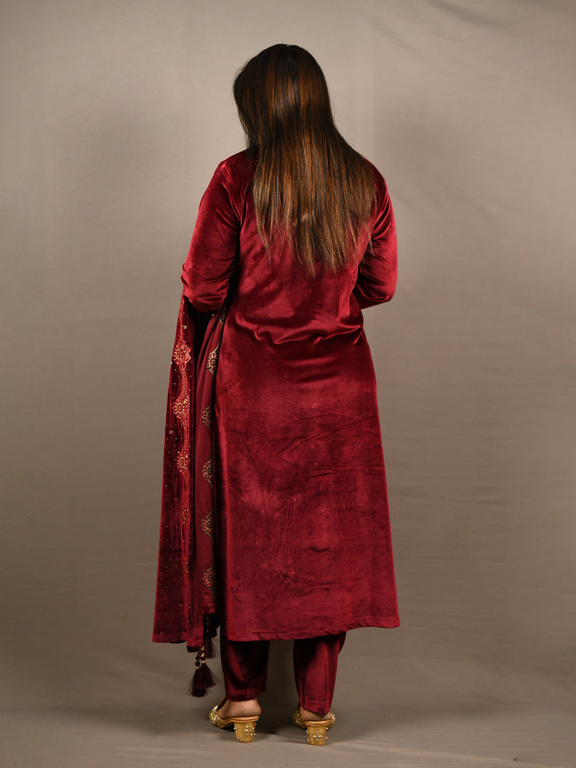 Maroon Soft Premium Velvet Floral Embroidered Suit