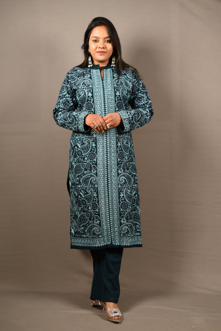 Kashmiri Embroidered Blue 3 Piece Woolen Suit With Shawl