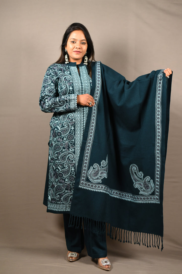 Kashmiri Embroidered Blue 3 Piece Woolen Suit With Shawl