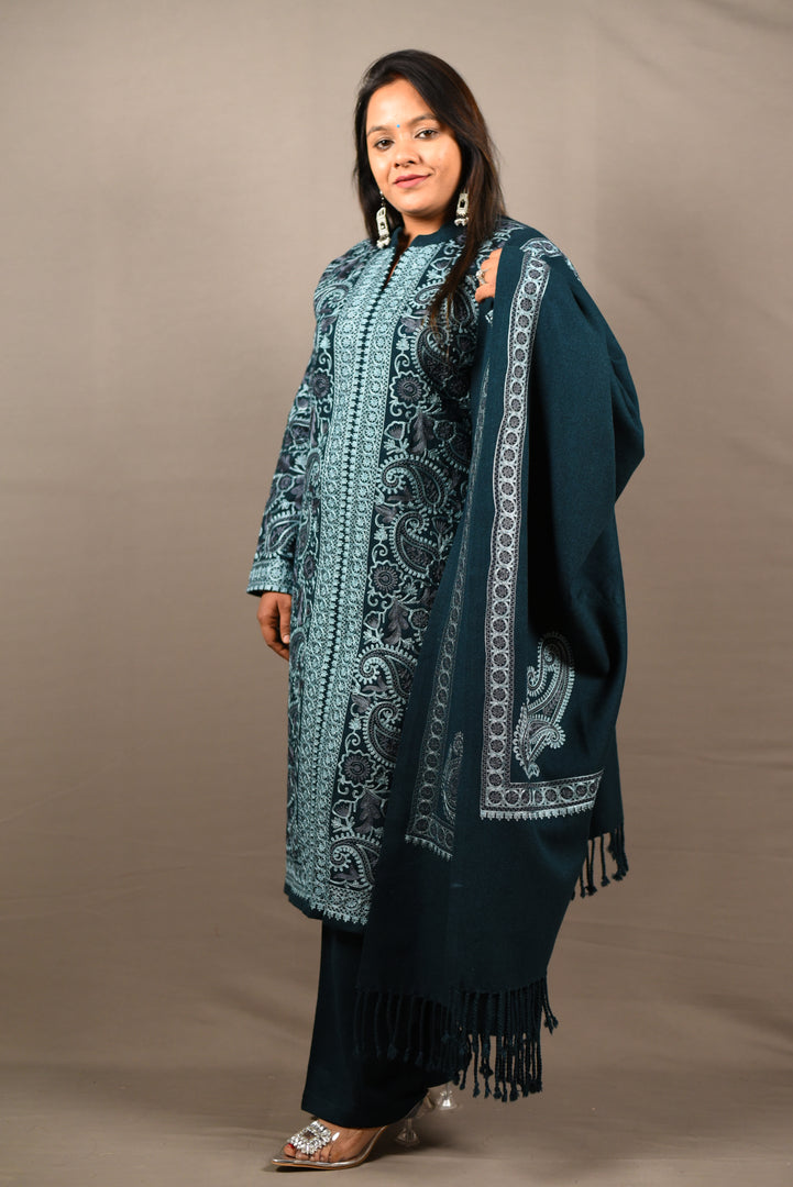 Kashmiri Embroidered Blue 3 Piece Woolen Suit With Shawl